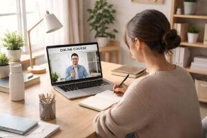 Žena kreira online kurs uz laptop i digitalni biznis